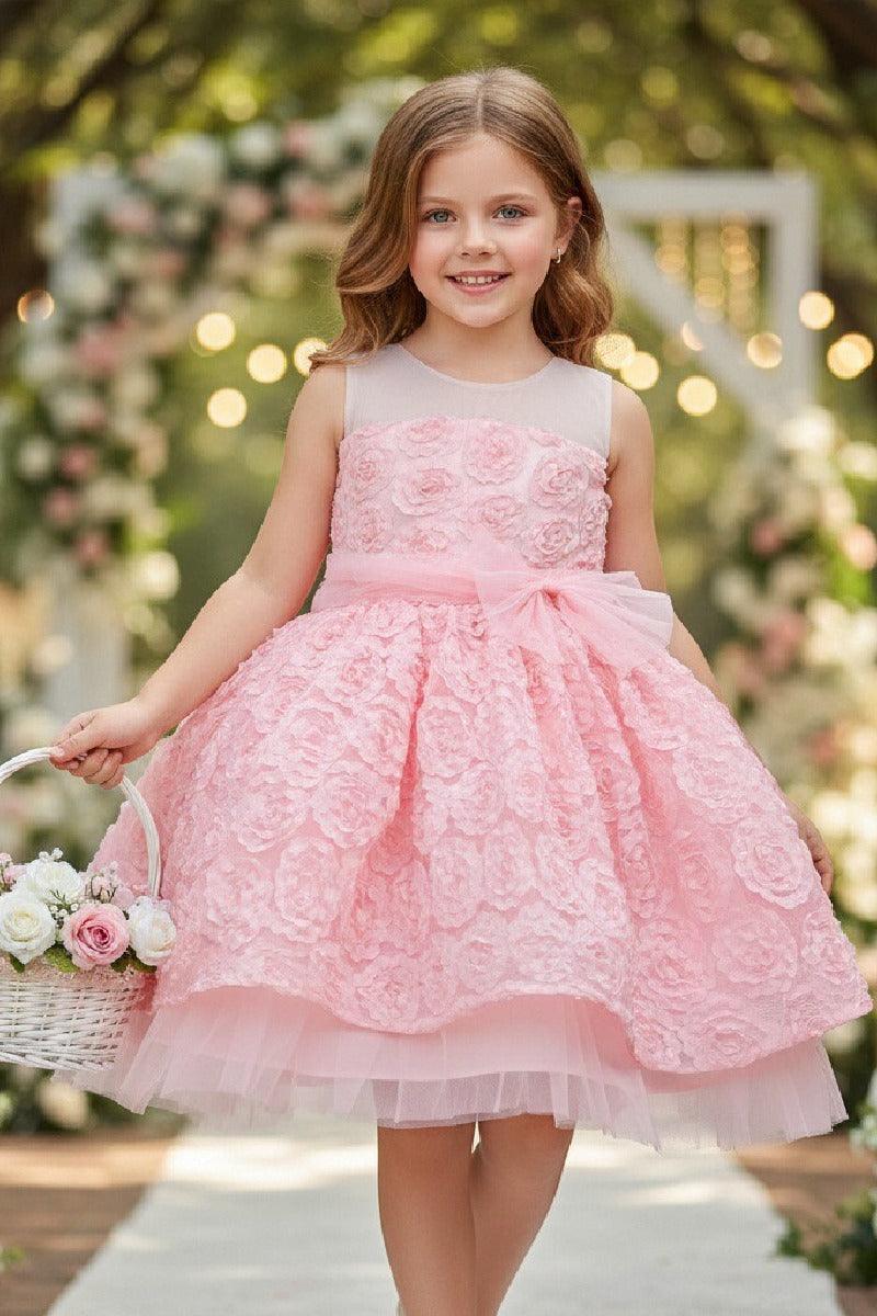 A-Line Illusion Neck Tulle Knee Length Flower Girl Dresses 1031516096156 - 7 Days / Pink / 100cm - COCOMELODY
